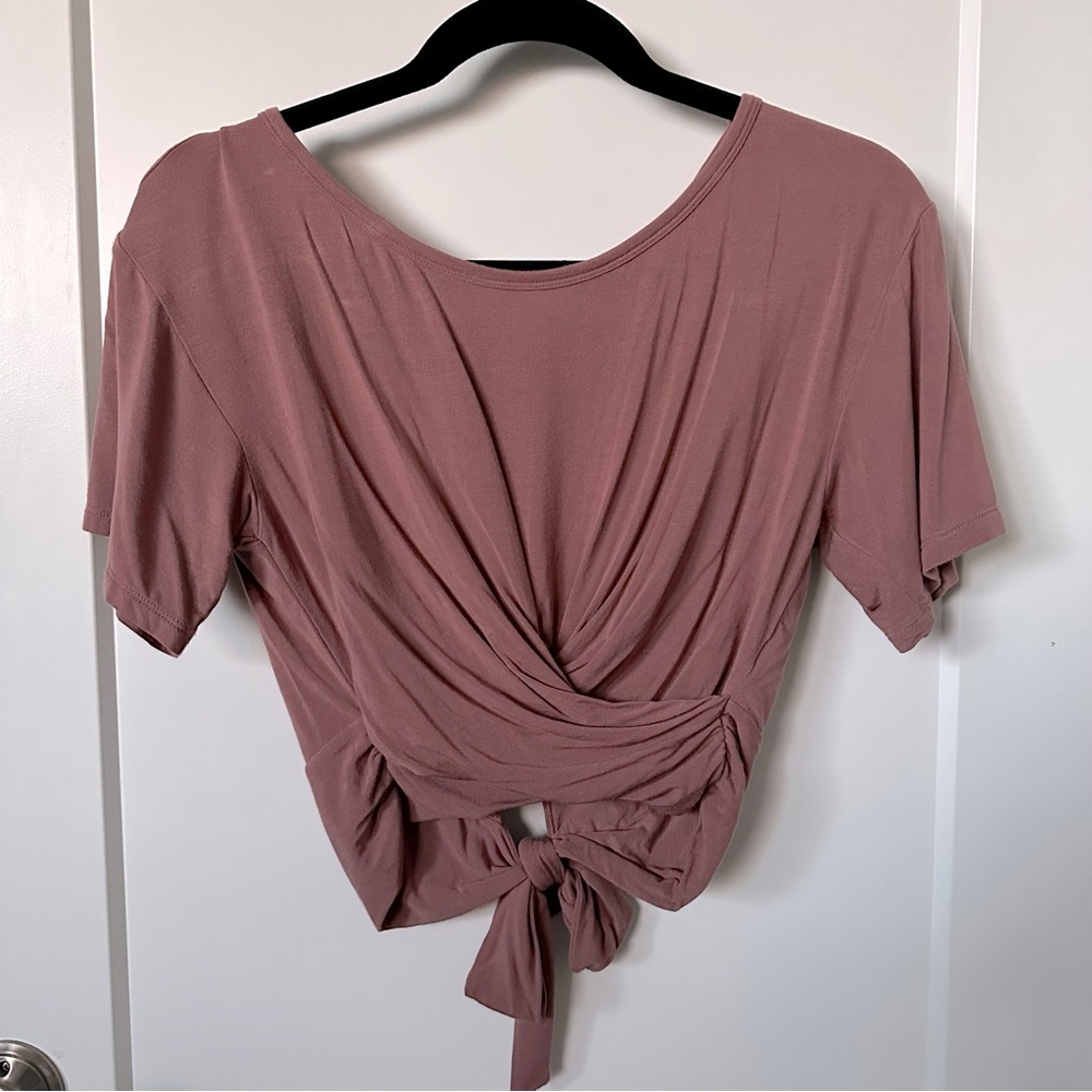 Victoria' Secret Tie Back Crop Tee Draped Front Knit Top Pink Athleisure NEW